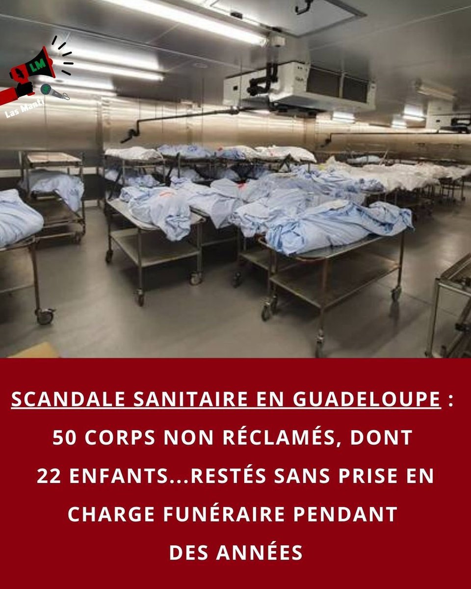 Vince97215's tweet photo. L’affaire des corps non réclamés en Guadeloupe révèle un dysfonctionnement d’une gravité rare.
Le 24 février, 18 dépouilles ont été extraites d’une chambre funéraire au Gosier. À ces découvertes s’ajoutent aujourd’hui 32 autres corps conservés dans les tiroirs réfrigérés du CHU.

Parmi ces 32 dépouilles, 22 sont des enfants. Non, vous ne rêvez pas… Des nouveau-nés. Des fœtus.
On parle donc de 50 corps au total…Certains reposent dans la chambre froide depuis 2017. Sans sépulture. Sans cérémonie. Sans adieu.

Ce dossier dépasse le simple retard administratif. Il expose une accumulation d’abandons, de lenteurs et de blocages entre familles en détresse, services sociaux et municipalités chargées légalement d’organiser les inhumations en cas de défaillance des proches.

Face à la saturation des espaces mortuaires et à l’absence durable de réclamation, la préfecture a dû signer un arrêté autorisant la crémation d’office des trente-deux dépouilles conservées au CHU. Une décision exceptionnelle, prise pour mettre fin à des années d’attente silencieuse.
Derrière ces chiffres, il y a des vies. Des histoires interrompues.

Et une réalité glaçante : pendant près de neuf ans pour les cas les plus anciens, des corps sont restés enfermés dans l’inox des casiers réfrigérés, dans un oubli administratif devenu humainement insoutenable.

Cette affaire interroge la responsabilité collective :
comment, dans un territoire de solidarité proclamée, des morts ont-ils pu rester aussi longtemps sans sépulture ?
Et comment éviter qu’un tel engorgement ne se reproduise ?
Ce dossier ne parle pas seulement de procédures.
Il parle de dignité.

Source : @Lasmanti972