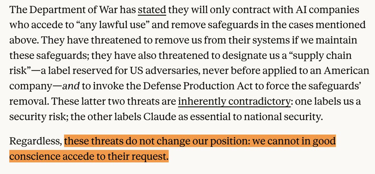 Dario Amodei just told Pete Hegseth to go f*ck himself.
and i mean that with the utmost respect.

Here's what actually happened:

The Pentagon gave Anthropic a Friday 5pm deadline:
Remove ALL safeguards on Claude, or get blacklisted.

Not just losing a contract. The same