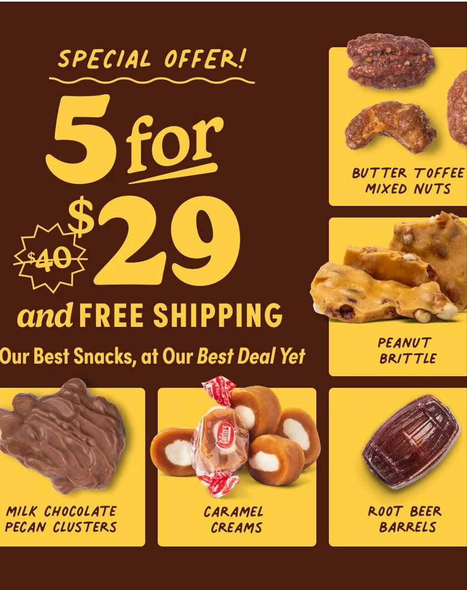 TheReviewWire's tweet image. 🍬 NEW Old-Fashioned Candy Box. AD nutscom.pxf.io/en4Z9z 

iNCLUDES:
• Butter Toffee Mixed Nuts
• Milk Chocolate Pecan Clusters
• Root Beer Barrels
• Caramel Creams
• Peanut Brittle

#eastergifts #candy