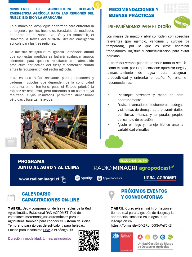 AgroClimaticoCL's tweet photo. 👏Los servicios e institutos del @MinagriCL trabajamos en todos los ciclos de la Gestión de Riesgo de Desastres Agrícolas y en este boletín les informamos acerca de las últimas noticias e invitaciones a eventos en torno a la GRD a lo largo de todo 🇨🇱 @Sub_Agricultura https://t.co/pZyGsRCDpX
