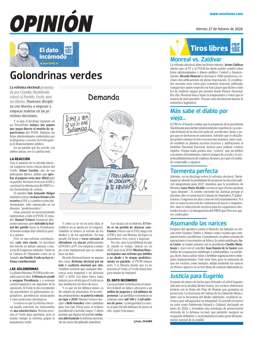 🗳️📌 REFORMA ELECTORAL PARA ROMPER CON EL VERDE

La reforma electoral presentada por Sheinbaum pone al PVEM contra la pared.

Sin pluris controladas por dirigencia, el Verde pierde margen de maniobra interna.

Sin financiamiento intacto, pierde autonomía operativa.

Y en una