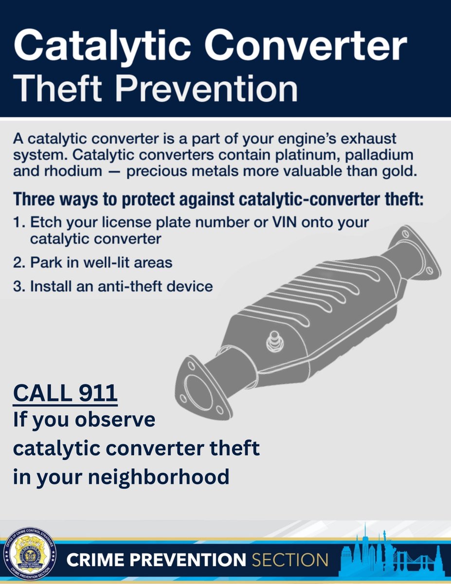 NYPDPSA5's tweet photo. Good morning from PSA 5. Park in well-lit areas &amp; install an anti-theft device to secure your catalytic converter. https://t.co/xOacFcpPuH