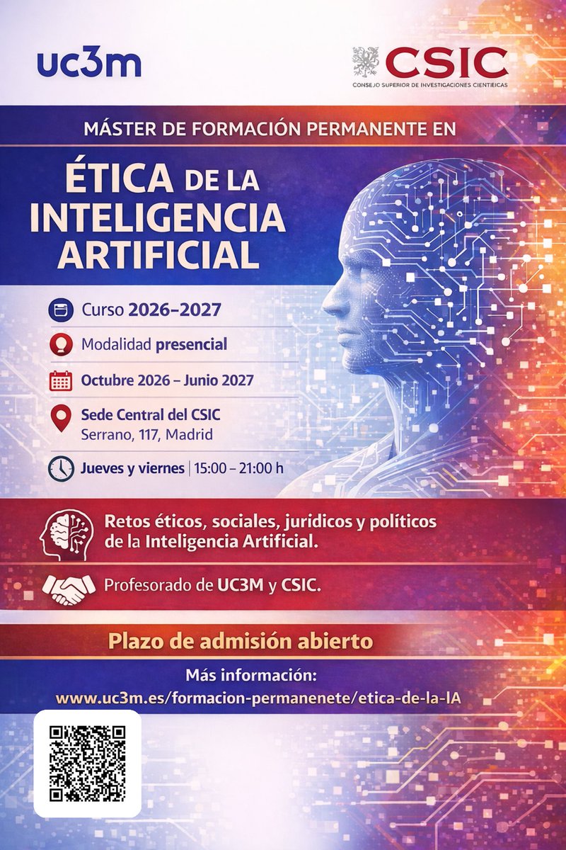 agaitant's tweet photo. Ya está abierta la matrícula del Master en Ética de la IA @uc3m @CSIC 📣📣📣🎉🎉📣📣📣🎉🎉

Si te interesan los desafíos éticos de la IA y buscas un programa organizado en torno a la ética y que también atienda a la ingeniería y el derecho esto te puede interesar 👇👇👇 https://t.co/JvIF0UVJb8