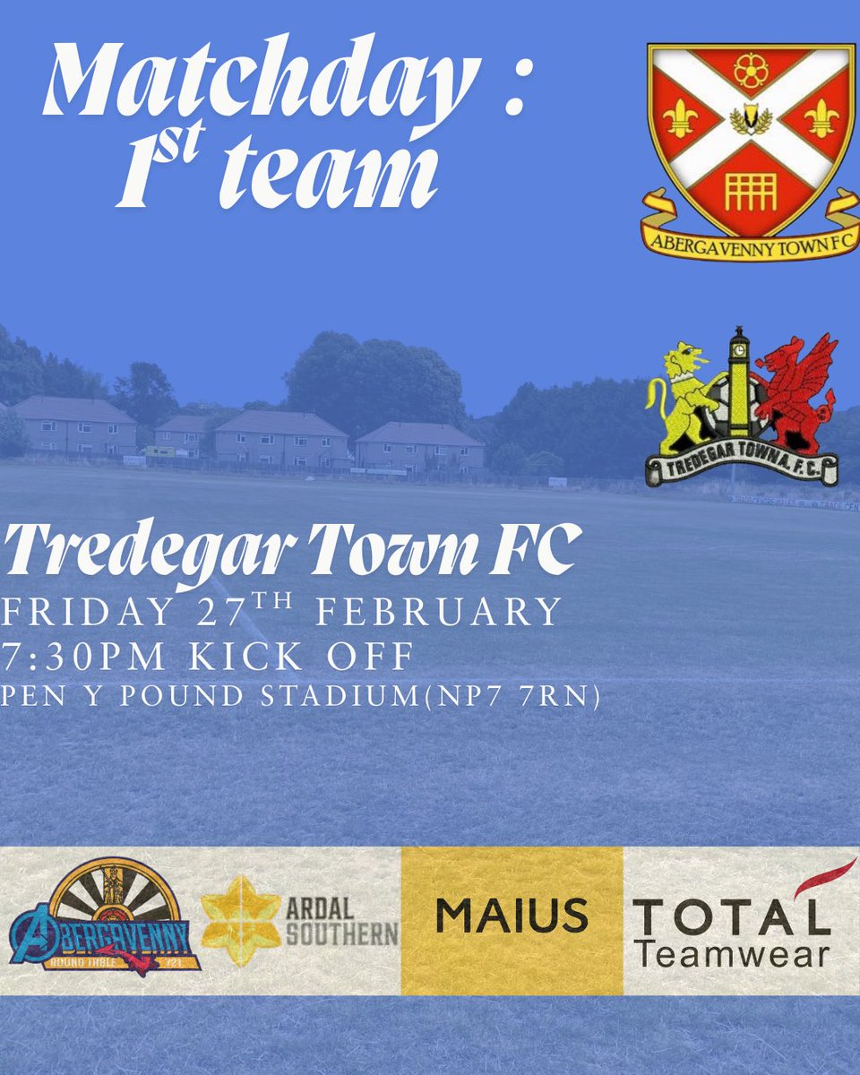 First team welcome Tredegar Town to Pen Y Pound tonight 👊⚽️🔵

📆- 27/2/26
🆚- <a href="/TredegarTownFC/">Tredegar Town FC</a> 
⏰- 7:30PM
🏟️- Pen Y Pound (NP7 7RN)
🎟️- £5 adults, £4 Concessions, U16s free.

#ATFC #UpTheTown #UTT