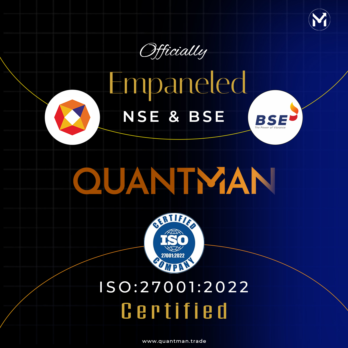 quantman1's tweet image. QuantMan is now officially empanelled with both NSE and BSE, and proudly certified with ISO 27001:2022. This recognition underscores our commitment to security, compliance, and excellence in algo trading. quantman.trade.

#QuantMan #AlgoTrading #NSE #BSE #ISO27001