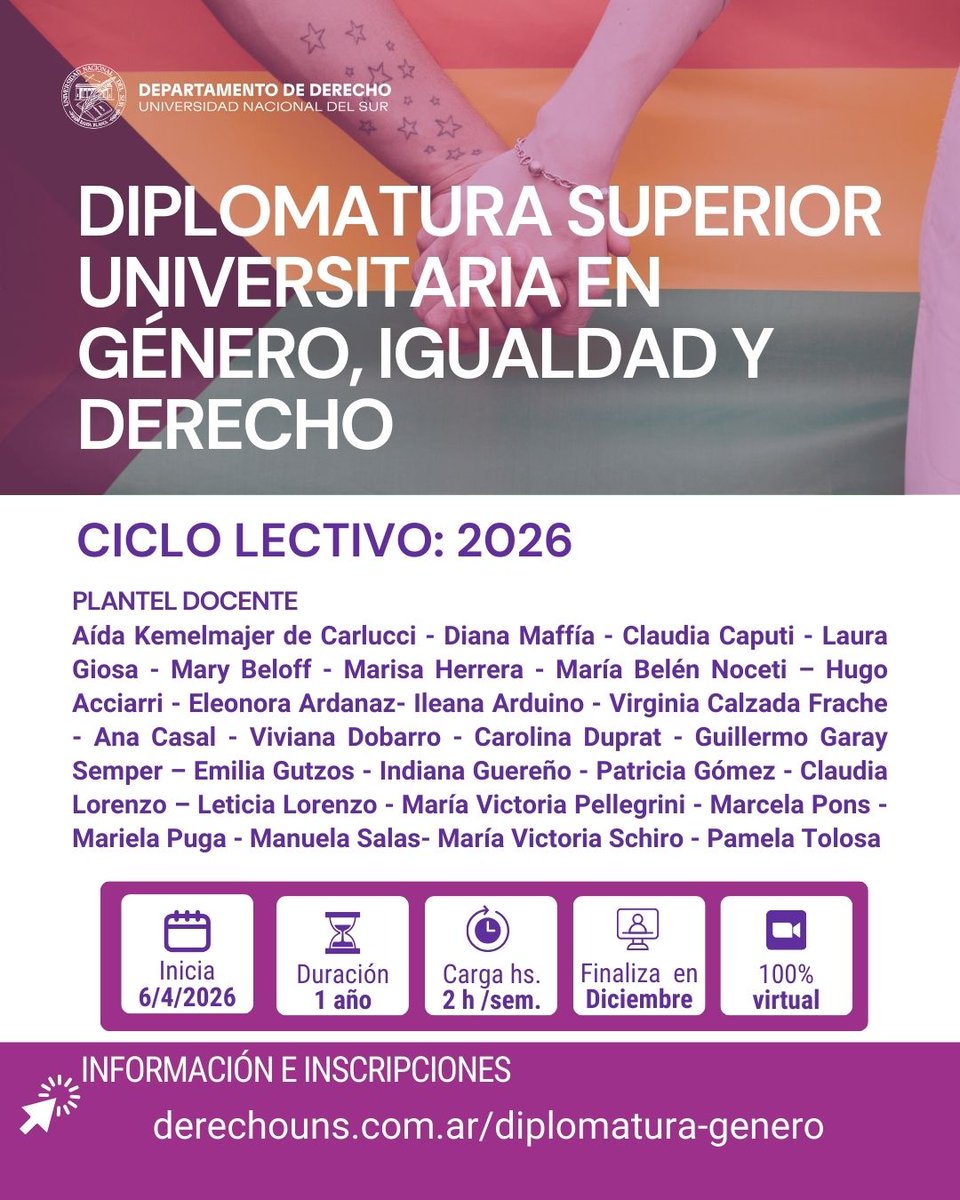 derechouns's tweet photo. 📣 Diplomatura Superior Universitaria en Género, Igualdad y Derecho| Ciclo lectivo 2026⚖️

Inscripciones abiertas ✅

Destacado plantel docente: @dianamaffia @AidaKemelmajer @herreramarisa12 @giosalaura @mclaudiacaputi @mbnoceti @pamelactolosa @marcelavpons @patobarna @letuchia https://t.co/HwxnBUkwE3