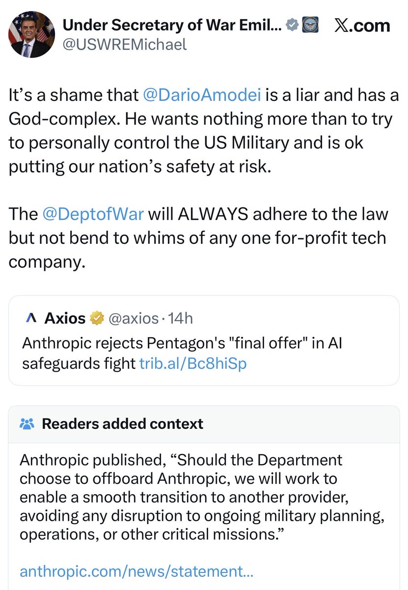 HannahDCox's tweet photo. This little twat under Hegseth is desperately trying to spin the story on Anthropic and convince Americans that ASHKUALLY it’s good for the Pentagon to have AI mass surveillance and the robot controlled weapons.

He’s getting roasted in the replies and community noted to death. https://t.co/y6WiEu24on