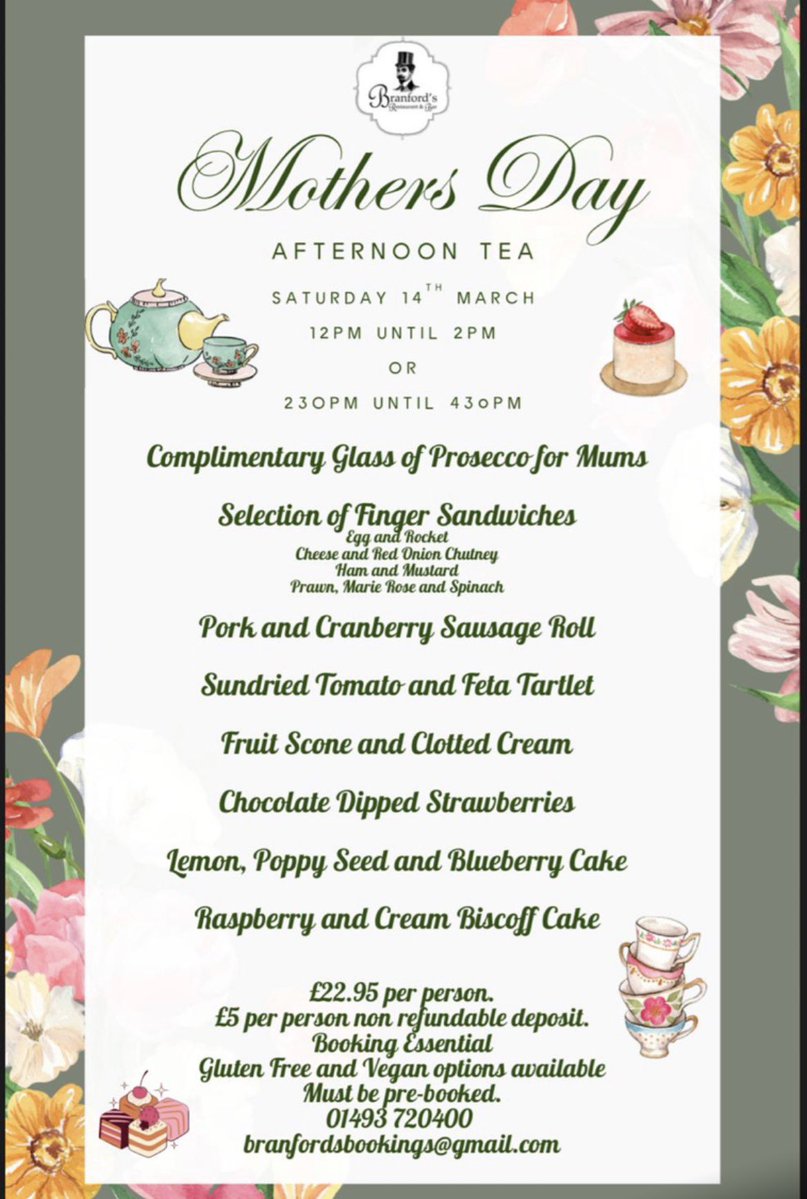 🌹Come Along And Join Us For A Mother’s Day Afternoon Tea🌹

🌷Afternoon Tea Available Saturday 14th March 

🕰12pm till 2pm 
               Or
🕰2:30 till 4:30 

All Details On Menu 🌷

🌹Call Our Team For Availability On 01493 720400 As Filling Up Quick🌹<a href="/YidTye/">Tyrone Harold BEM</a>