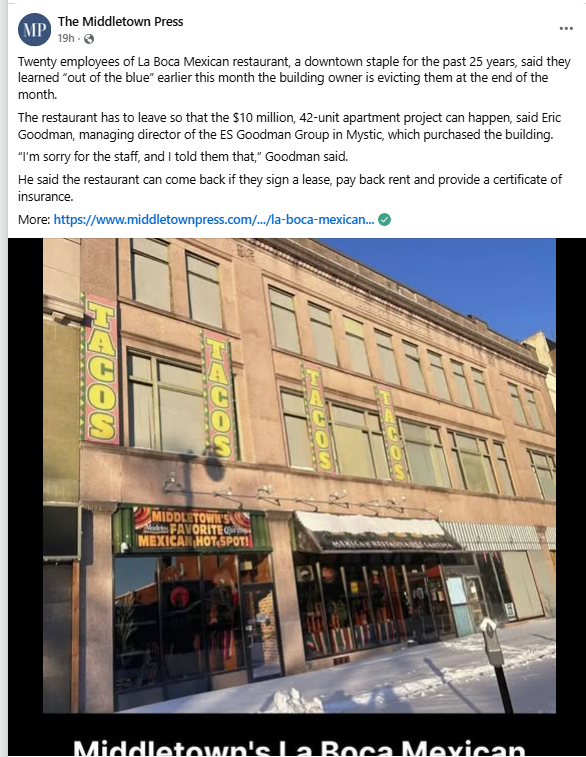 All 3 of my favorite established restaurants in Connecticut have been shut down in the past few years.

1) Chowder Pot - Hartford
2) City Steam - Hartford
3) and now La Boca in Middletown

Connecticut doesn't want us to have anything to enjoy in life.