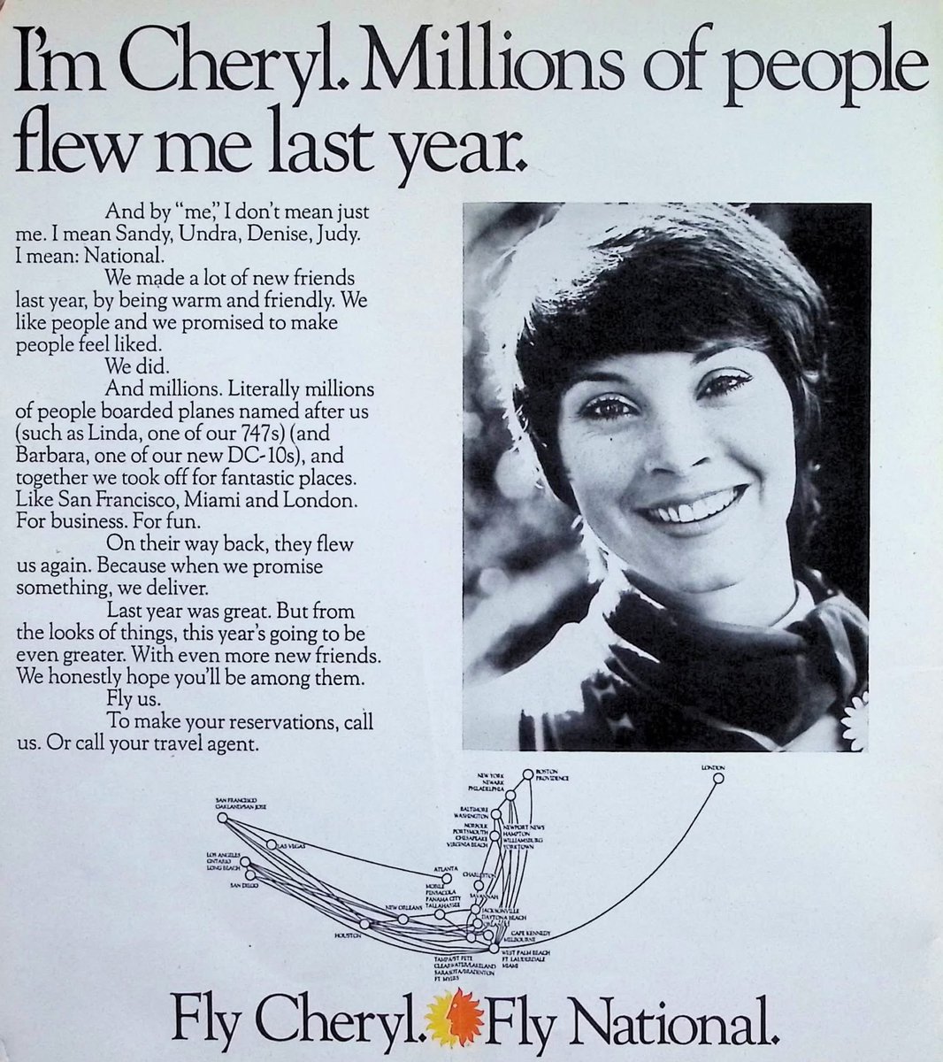 n194at's tweet image. National Airlines ad &amp;amp; route map December 29, 1972 credit Air Transport Archive #AvGeek #National
