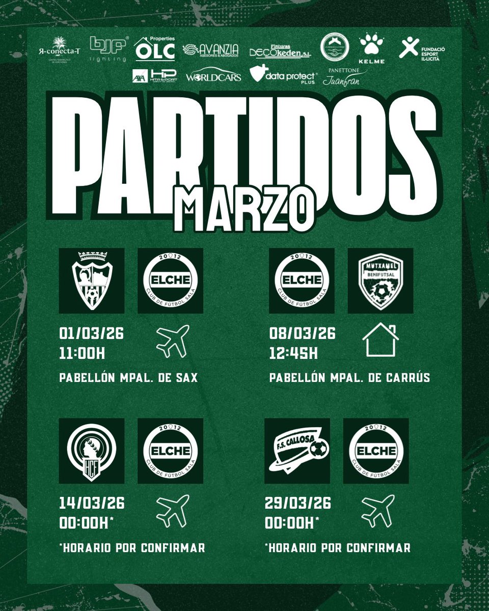 elchecfsala's tweet photo. 📅 𝗖𝗮𝗹𝗲𝗻𝗱𝗮𝗿𝗶𝗼 𝗠𝗮𝗿𝘇𝗼

🔜 ¡Los próximos 4 encuentros para el mes de marzo!

🗓️ 𝟬𝟭/𝟬𝟯
🆚 CFS San Blas Sax ✈️

🗓️ 𝟬𝟴/𝟬𝟯
🆚 @BenimagrellC 🏠

🗓️ 𝟭𝟰/𝟬𝟯*
🆚 @HerculesSanViFS ✈️

🗓️ 𝟮𝟵/𝟬𝟯*
🆚 FS Callosa ✈️

*Horarios todavía por definir.

#ElcheCFS💚🤍 https://t.co/0S0Lf1wHnt
