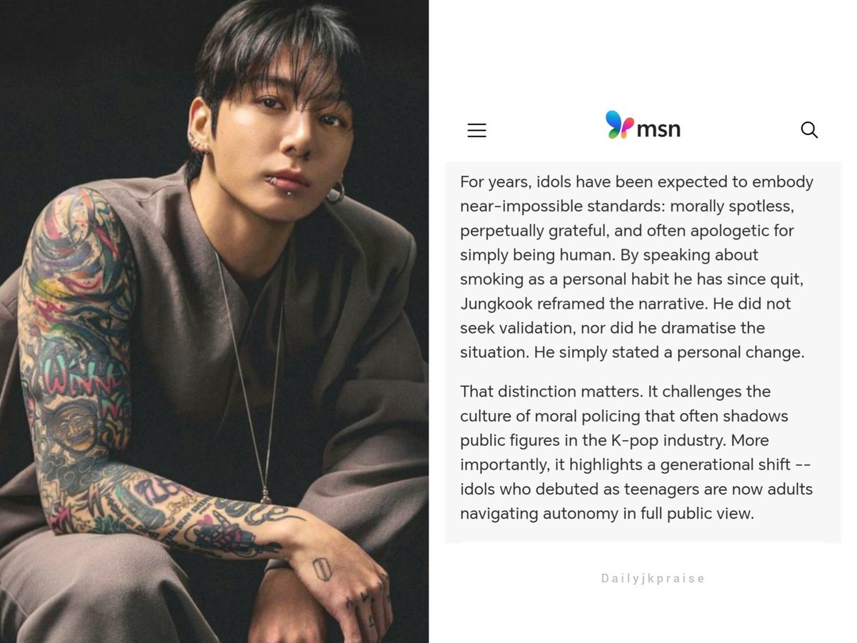 MSN ลงบทความว่าการเปิดใจของจองกุกในไลฟ์ล่าสุดเป็นการท้าทายวัฒนธรรม K-pop ที่บีบให้ไอดอลต้องสมบูรณ์แบบตลอดเวลา และนับเป็นสิ่งที่เป็นมากกว่าแค่โมเม้นต์ไวรัล แต่สะท้อนความสัมพันธ์ของไอดอลกับแฟนคลับและการยอมรับความเป็นมนุษย์ของศิลปิน
——————————————
“ตลอดหลายปีที่ผ่านมา