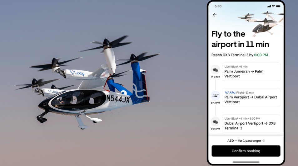 🚁 The future is here.

<a href="/Uber/">Uber</a> + <a href="/jobyaviation/">Joby Aviation</a>  are rolling out Uber Air — air taxis bookable right in the Uber app. 

Later this year, riders in Dubai will be able to tap the app and summon an electric air taxi just like calling a car. 

These all-electric aircraft can:
 • Carry