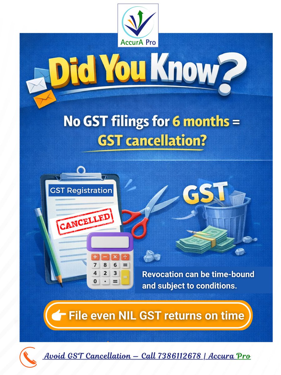 AccurA234's tweet photo. 🚨 No GST filings for 6 months can lead to GST cancellation. Even NIL returns must be filed on time.

We handle your complete GST compliance - so you don’t face notices.

📞 7386112678

#GST #GSTCompliance #BusinessSupport https://t.co/hfZ2vSr6Sn