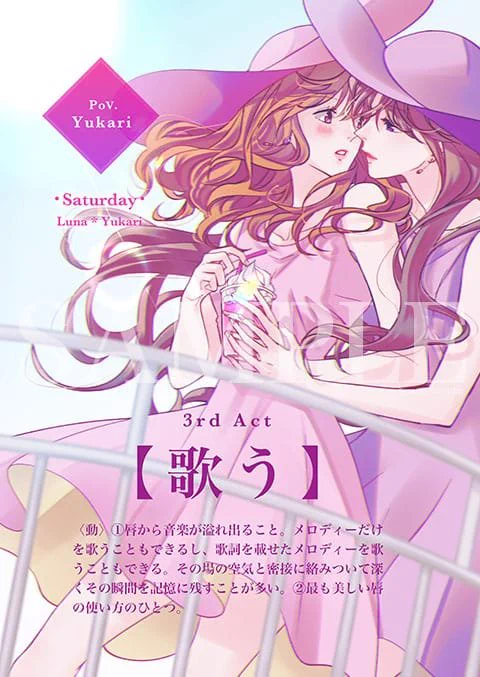 唇にできる17のこと。

【歌う】
<動>①唇から音楽が溢れ出ること。その場の空気と密接に絡みついて深くその瞬間を記憶に残すことが多い。②最も美しい幅の使い方のひとつ。

#創作 #百合  #社会人百合 
