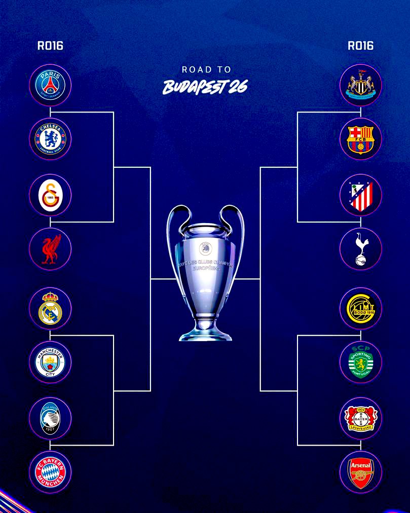 🚨| 🌍🇪🇺⚽️ | : #UCLdraw

UEFA CHAMPIONS LEAGUE Round of 16 Draw, OUT! ⚡️

Europe’s big boys are set for the next challenge:

🎯 Real Madrid 🇪🇸 vs Manchester City 🇬🇧
🎯 PSG 🇫🇷 vs Chelsea 🇬🇧
🎯 Newcastle 🇬🇧 vs Barcelona 🇪🇸
🎯 Galatasaray 🇹🇷 vs Liverpool 🇬🇧
🎯 Arsenal 🇬🇧 vs Bayer