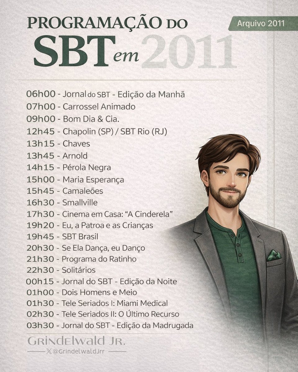 GrindelwaldJrr's tweet image. PROGRAMAÇÃO | Em 2011, o SBT investia em uma grade diversificada, voltada para diferentes públicos. A emissora reforçava sua identidade popular ao equilibrar informação, entretenimento e dramaturgia.

#SBTNews • #PrimeiroImpacto • #FBF