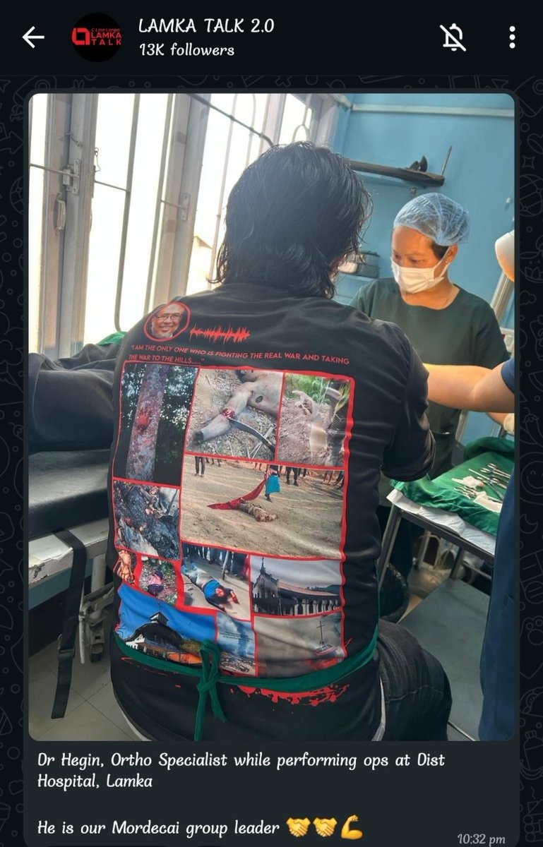 diana_warep's tweet photo. Dr. P. Hegin Lhungdim, serving in the Orthopaedic Department in #Churachandpur, Manipur, was reportedly seen attending to patients while wearing attire featuring graphic and violent imagery related to Manipur Violence. 

Is this consistent with the ethical standards expected of medical professionals, National Medical Commission, @NMC_IND ?

Dr. Hegin is seen wearing the similar attire in the interview of the YouTube channel "The Kuki Media"
link - https://t.co/EYUMCLLauT