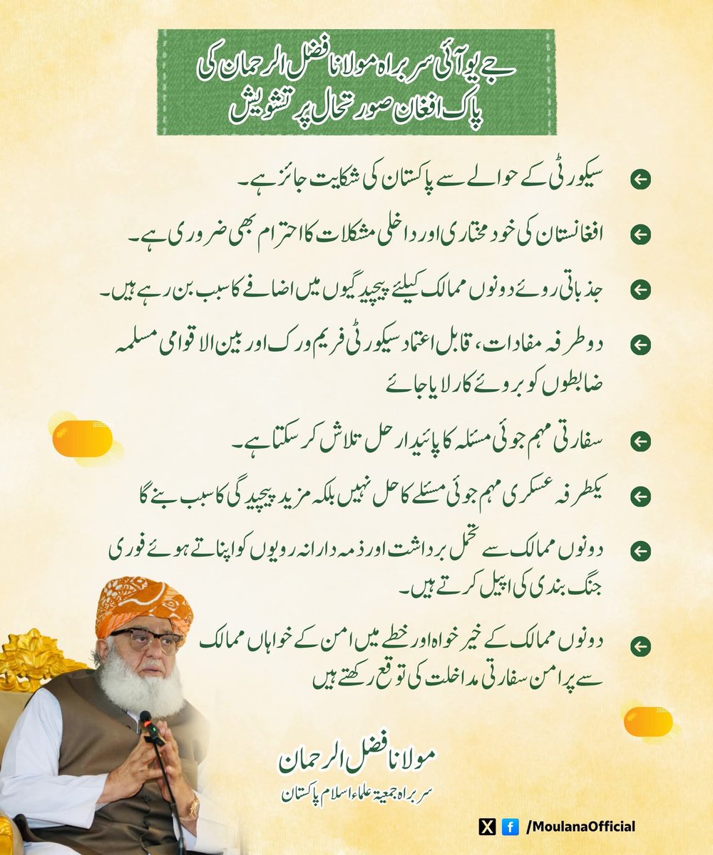 جے یو  آئی سربراہ مولانا فضل الرحمان کی پاک افغان صورتحال پر  تشویش