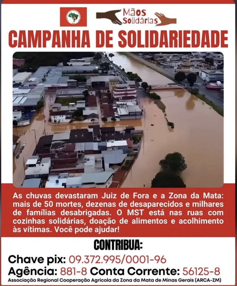 Pessoal, estamos arrecadando roupas, montando cozinhas solidárias p ajudar as vítimas e doando alimentos para Juiz de Fora. 
Vou deixar aqui o card para quem
Puder ajudar o Mãos solidárias do MST MG
