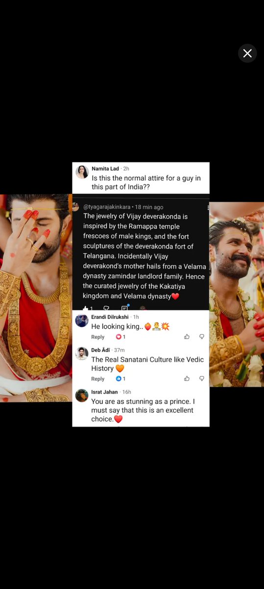 Honoring his Telangana roots! 🏛️✨ <a href="/TheDeverakonda/">Vijay Deverakonda</a>'s wedding jewelry is inspired by Ramappa Temple frescoes &amp; the Kakatiya Kingdom. A stunning tribute to the Velama dynasty heritage. Looking like a true King! 👑🦁

#Virosh #Telangana #TheWeddingOfVIROSH #VijayDeverakonda