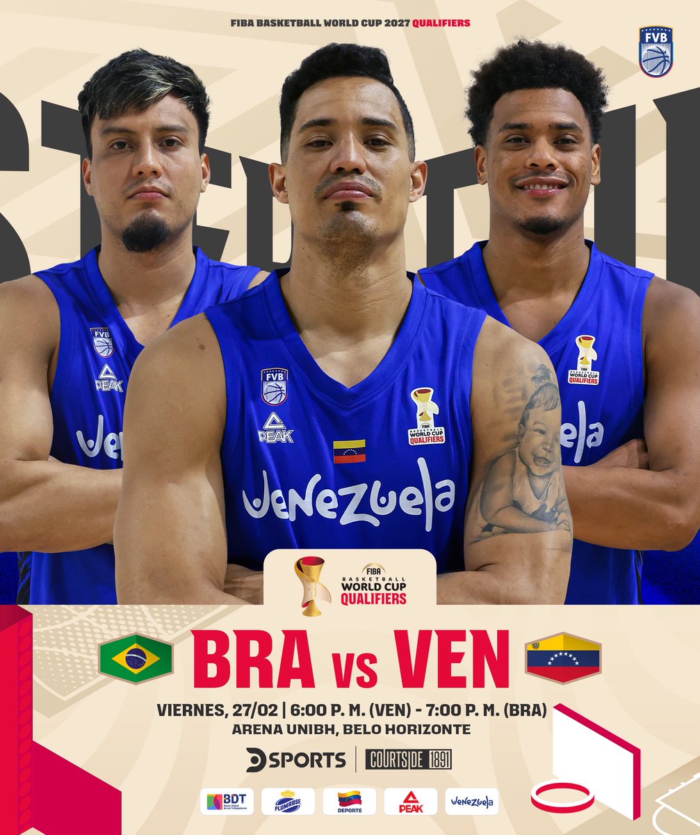 🤩 ¡Hoy juega Venezuela! ¡Todos juntos con nuestra selección! 

🆚 Brasil. 
🕐 6:00 p. m. 🇻🇪 / 7:00 p. m. 🇧🇷
📍Arena UniBH, Belo Horizonte. 
🏆 <a href="/FIBAWC/">FIBA Basketball World Cup 🏆</a> 2027 Qualifiers - Ventana 2. 

💻📺 Transmisión: DSports y Courtside 1891. 

#JuntosSomosMás