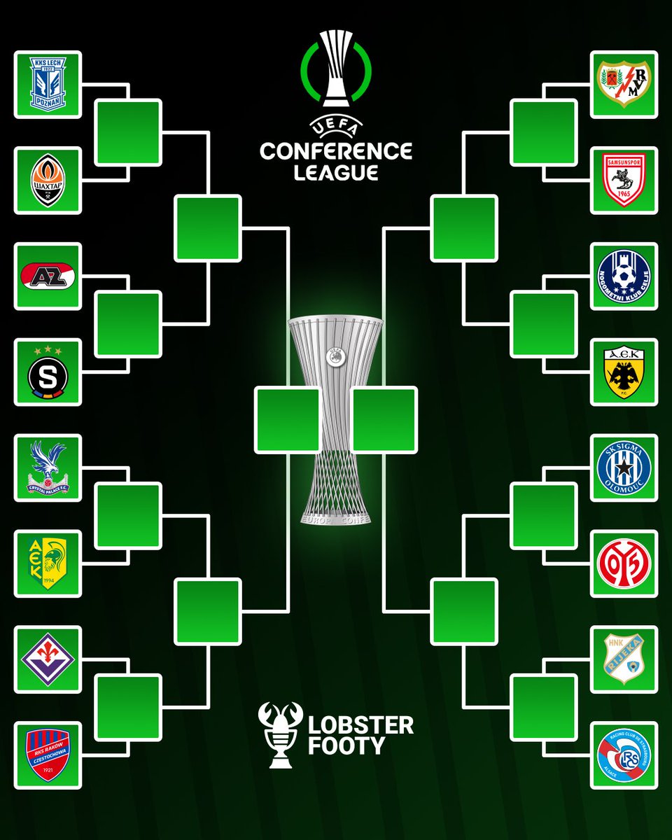 LobsterFooty's tweet photo. The pairings for the round of 16 of the 2025/2026 UEFA Conference League have already been drawn.
Who do you think will win this season? 🏆🟢 https://t.co/yIyHnIjWts