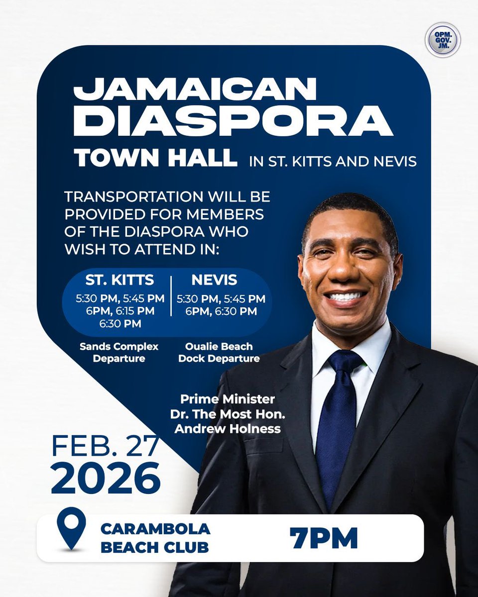 AndrewHolnessJM's tweet photo. This evening, I look forward to engaging with members of the Jamaican diaspora here in Saint Kitts and Nevis at our Town Hall at the Carambola Beach Club.

The Jamaican diaspora continues to play an essential role in our nation’s development, and your voice, your ideas, and your partnership matter.

Transportation has been arranged from both islands to ensure everyone who wishes to attend can do so. I encourage you to join us at 7:00 p.m. as we strengthen our connection.