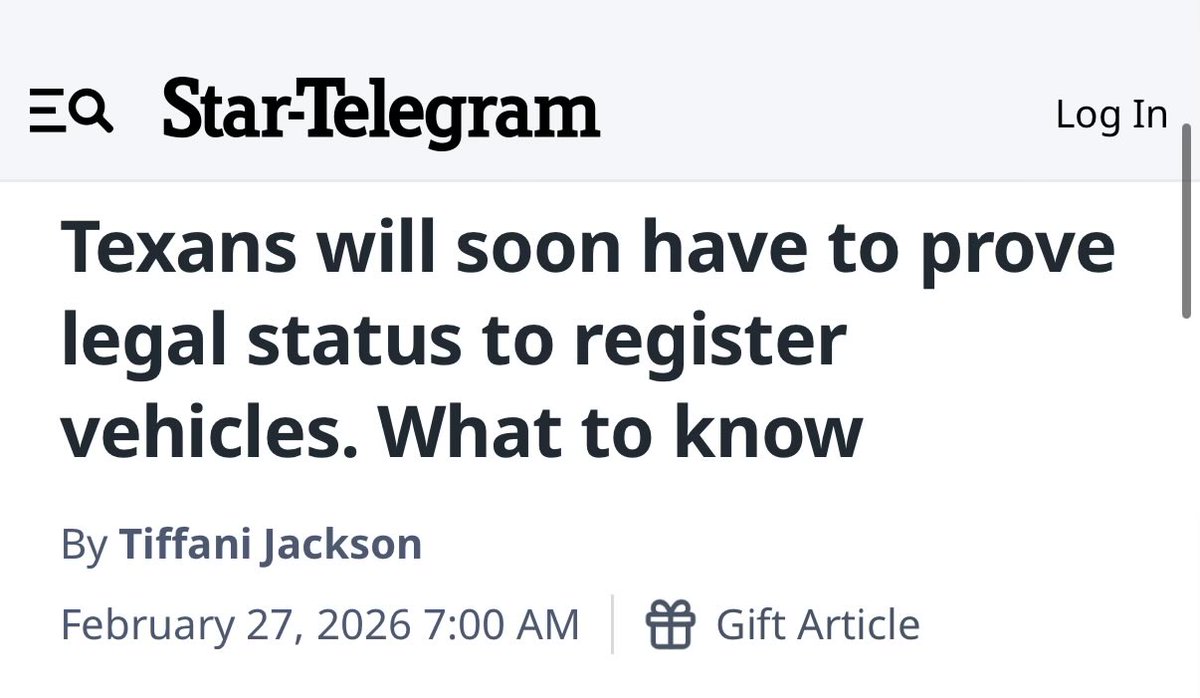 brianeharrison's tweet image. You’re welcome, Texas. 

From @startelegram:  Why is legal status part of vehicle registration now? The push for stricter ID rules began in 2025, when Rep. Brian Harrison of Midlothian publicly urged the state to stop people who aren’t legally in the country from registering