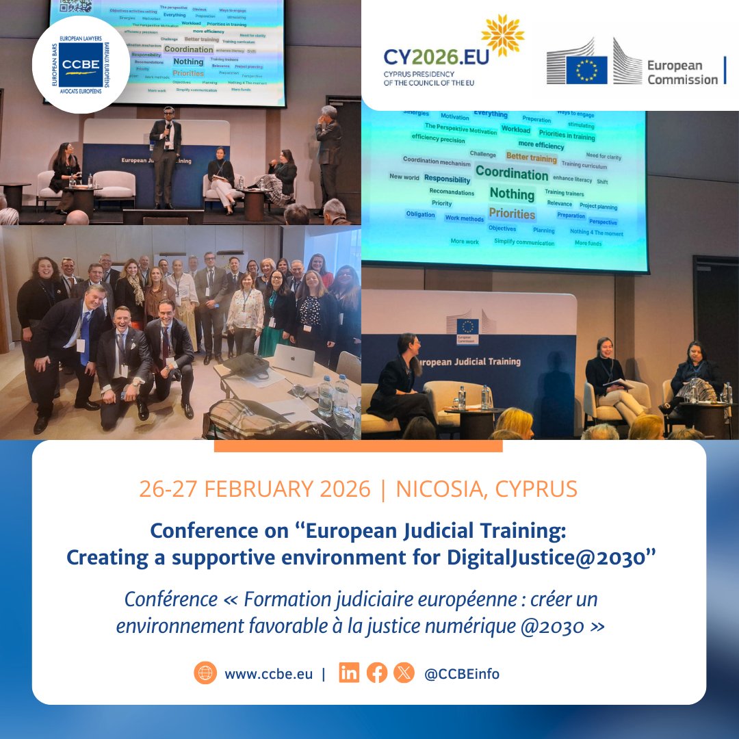 CCBEinfo's tweet photo. ✳️The CCBE attended the European Judicial Training conference.
✨Topics on the agenda included implementation of the EU Judicial Training Strategy 2025-2030, digitalisation of justice, cross-professional coordination, and sustainable financing of judicial training across the EU. https://t.co/PkfbxxJalC