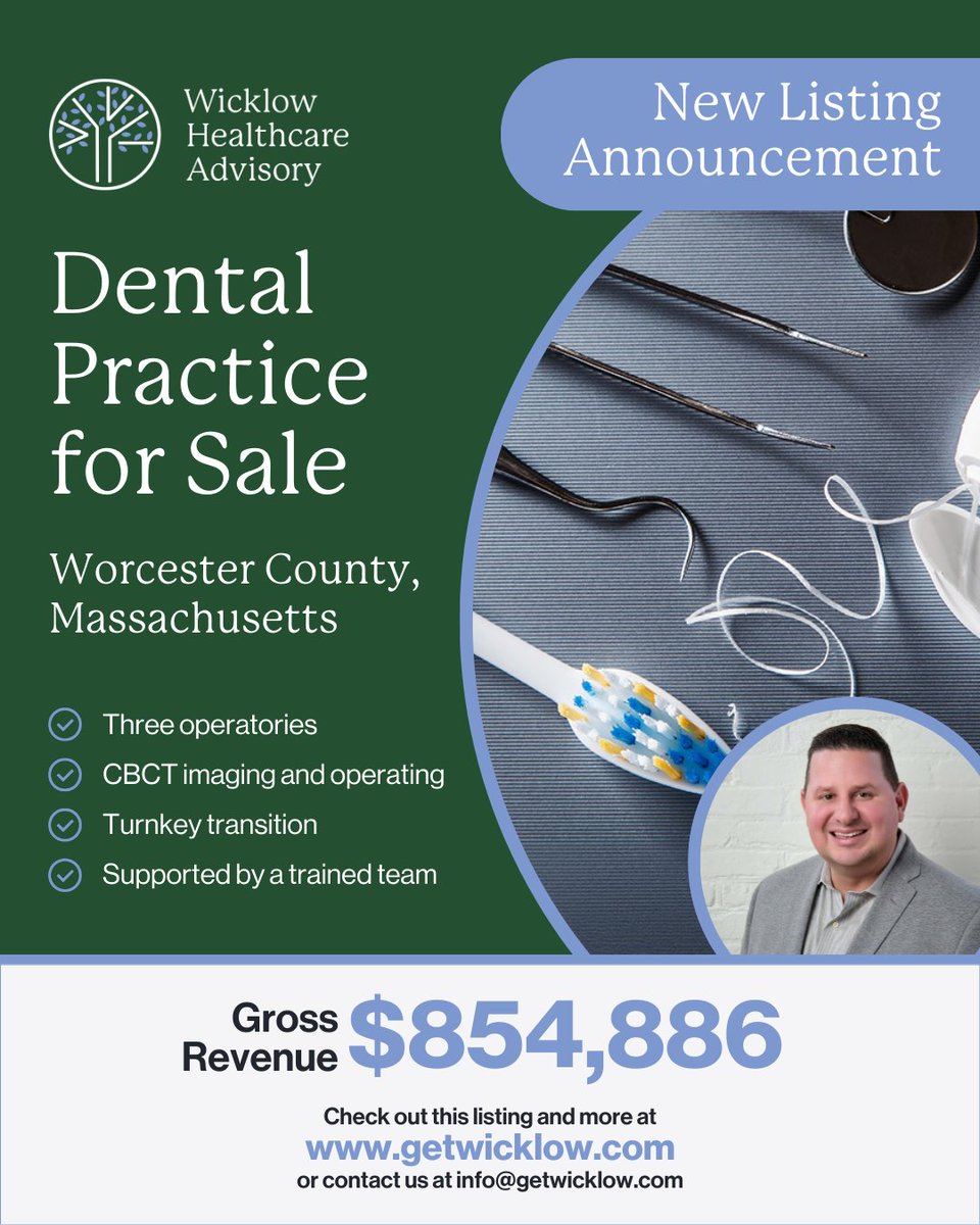 Wicklow_Tweets's tweet image. 🦷 Now available: General &amp;amp; implant dental practice in Worcester County, MA!

Check out the full listing here: getwicklow.com/listing?listin…

#DentalPracticeForSale #PracticeOwnership #HealthcareAdvisory #GetWicklow