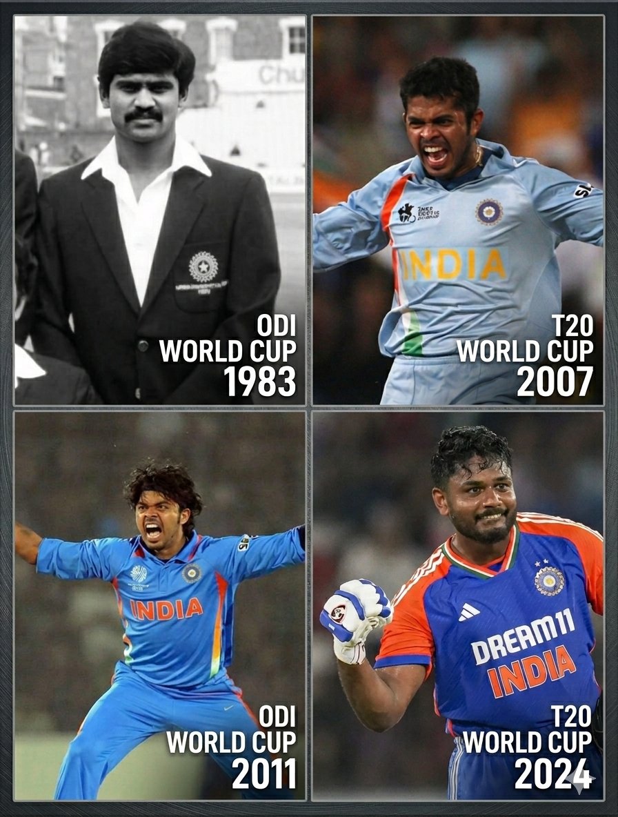 sam13jn_'s tweet photo. I don't know how many of you noticed this, but if you see, every time India won World Cup, there's always a "Kerela" Guy in Squad.

1983 ODI WC - Sunil Valson
2007 T20 WC - S. Sreesanth
2011 ODI WC - S. Sreesanth
2024 T20 WC - Sanju Samson

Maybe, Another cup Loading!🔥 https://t.co/KoVsgbWllA