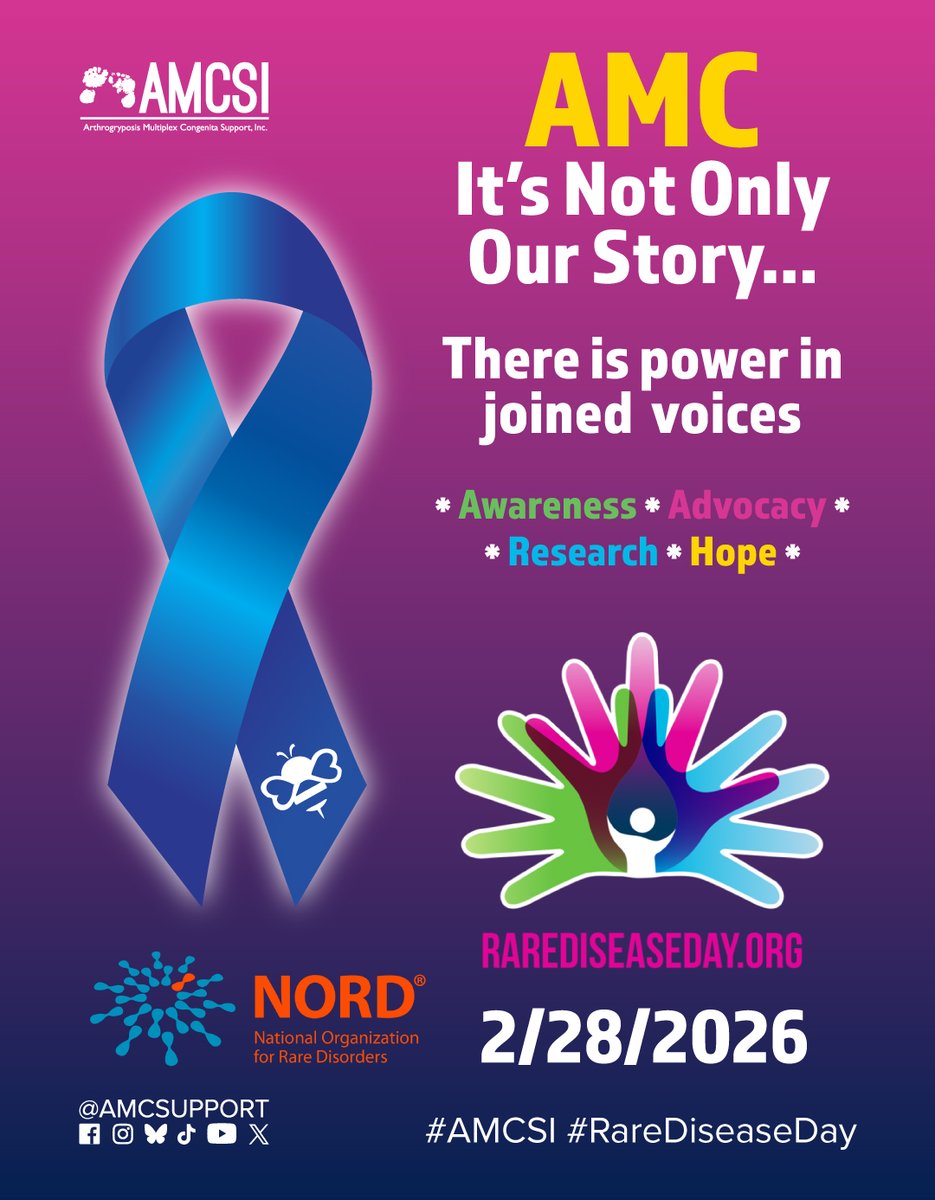 amcsupport's tweet image. Rare Disease Day is 2/28/2026 🦓

AMC is not only our story. There is power in joined voices.

Support. Donate. Share.
🔗 amcsupport.org

Learn more
🔗 rarediseaseday.org

#RareDiseaseDay #AMCSI #Arthrogryposis #RareDiseaseCommunity #AMCStrong