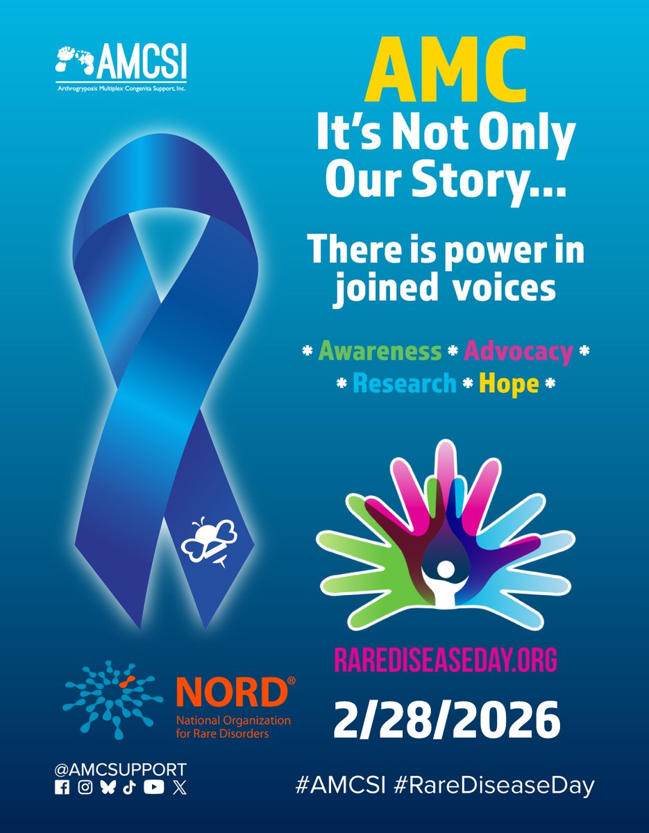 amcsupport's tweet image. Rare Disease Day is 2/28/2026 🦓

AMC is not only our story. There is power in joined voices.

Support. Donate. Share.
🔗 amcsupport.org

Learn more
🔗 rarediseaseday.org

#RareDiseaseDay #AMCSI #Arthrogryposis #RareDiseaseCommunity #AMCStrong