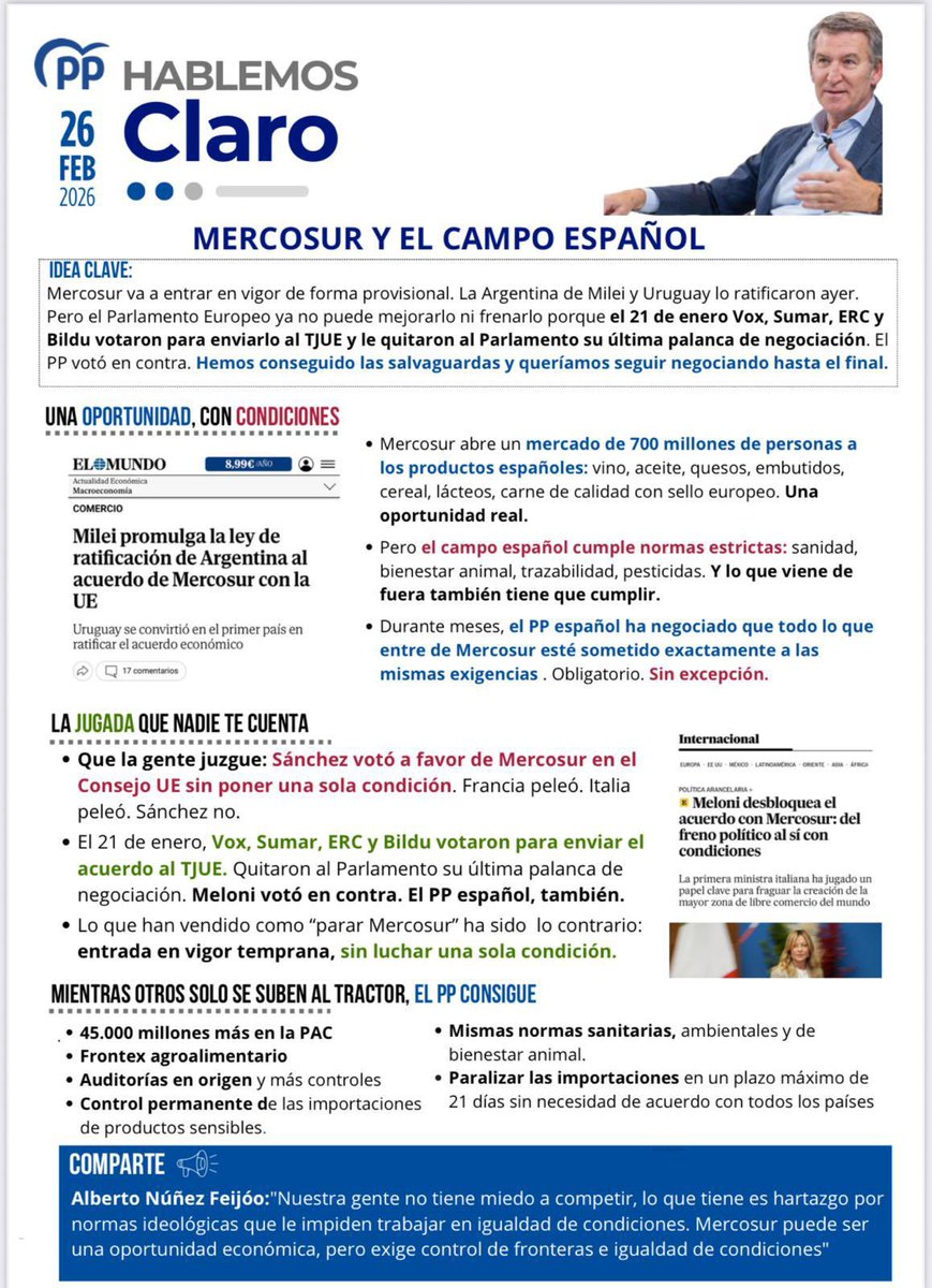 🛑🛑Que nadie te engañe 
El <a href="/ppopular/">Partido Popular</a> con <a href="/NunezFeijoo/">Alberto Núñez Feijóo</a> trabaja. 
Otros mientras, solo gritan y torpedean. 
Aquí la verdad sobre Mercosur 
👇👇