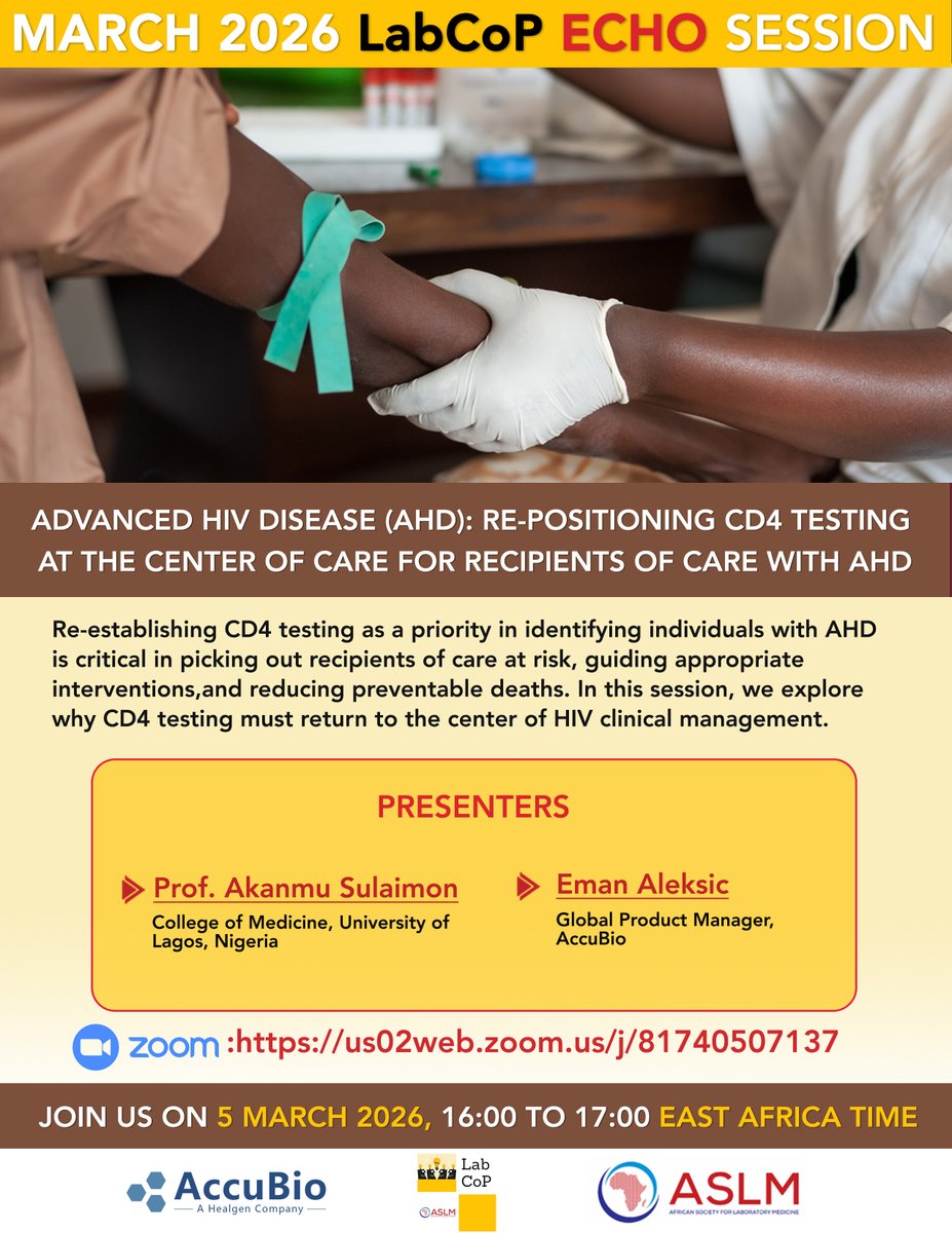 ASLM_News's tweet photo. Don't miss #LabCoP's ECHO session on 5 March! Re-establishing CD4 testing as a priority in identifying individuals with AHD is critical in picking out recipients of care at risk, guiding appropriate interventions, and reducing preventable deaths. In this session, we explore why CD4 testing must return to the center of HIV clinical management. Register at https://t.co/OBYulUZqc6