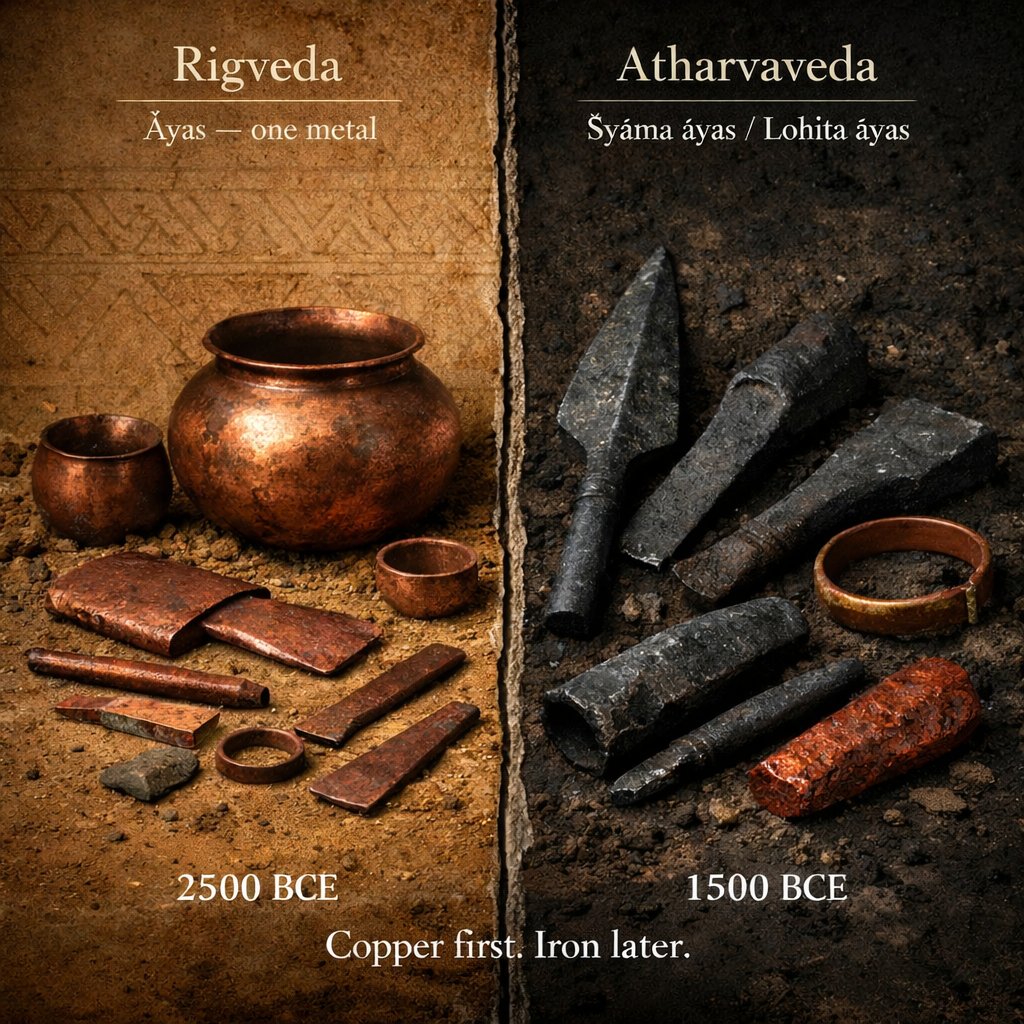 GemsOfINDOLOGY's tweet photo. One Sanskrit word destroys the entire Iron Age dating of the Rigveda.
Not metaphorically. Literally.

The 𝐑𝐢𝐠𝐯𝐞𝐝𝐚 knows only one metal.
𝐀𝐲𝐚𝐬. Singular. Undifferentiated. No colour. No contrast. No novelty.

In the 𝟑𝐫𝐝 𝐦𝐢𝐥𝐥𝐞𝐧𝐧𝐢𝐮𝐦 𝐁𝐂𝐄, the subcontinent is copper–bronze dominant. Harappan cities. Standardised tools. Mature metallurgy.

𝐀𝐲𝐚𝐬 fits copper perfectly.

Then comes the shift.

The 𝐀𝐭𝐡𝐚𝐫𝐯𝐚𝐯𝐞𝐝𝐚 suddenly distinguishes metals.
Lohita āyas. Red metal.
Śyāma āyas. Black metal.

You only name colours when two substances coexist.
You only distinguish when something new disrupts the old.

That moment is iron's arrival. Not as dominance. As difference.

Which means:
The Rigveda reflects a copper world.
The Atharvaveda reflects a transition world.

Now the linguistic fossil.

Originally, loha meant copper. The red metal. What we call tamra today.

Iron hijacked the word later. The colour memory remained. The meaning shifted.

Languages record technological change more honestly than textbooks.

So no, the Rigveda is not an Iron Age text written by primitives.
It is a Copper Age memory preserved by an advanced society.

Iron comes later. Quietly. Gradually. Absorbed.

Iron did not create Vedic civilisation.
Vedic civilisation survived long enough to absorb iron.

That single correction breaks the colonial timeline.
And it breaks it cleanly.

Copper first. Iron later.
Texts agree. Archaeology agrees.
Only the imposed chronology does not.

Ask yourself why this was never taught. 🔥🧠
#Decolonisation