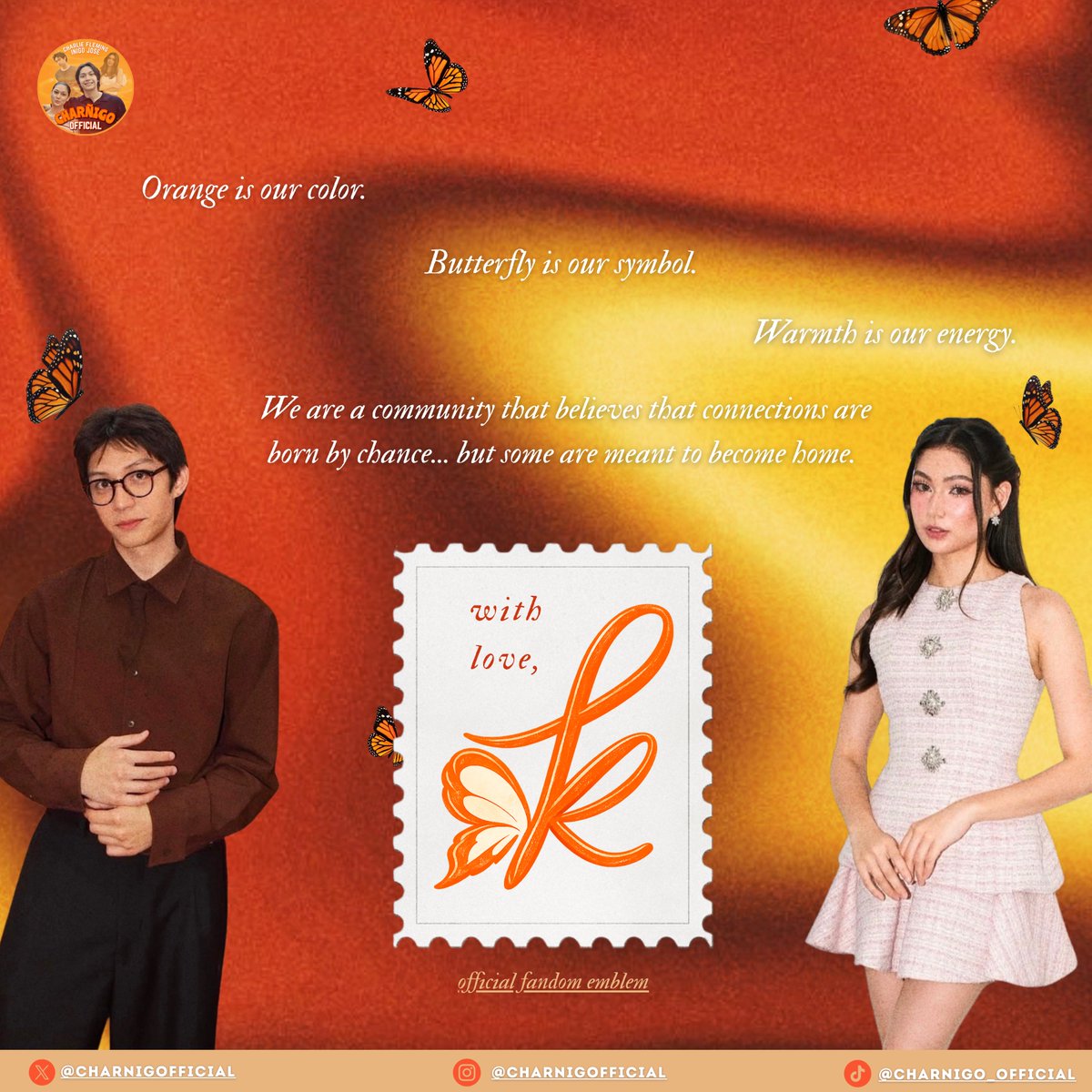 charnigofficial's tweet image. 🧡 WELCOME HOME, KAHELS  🦋

A shade born from pink and yellow — warmer, brighter, together... forever carrying the glow that Charlie and Iñigo share.
 Orange is our color, the butterfly is our symbol, and warmth is our energy.

#InigoJose | #CharlieFleming | #PBB