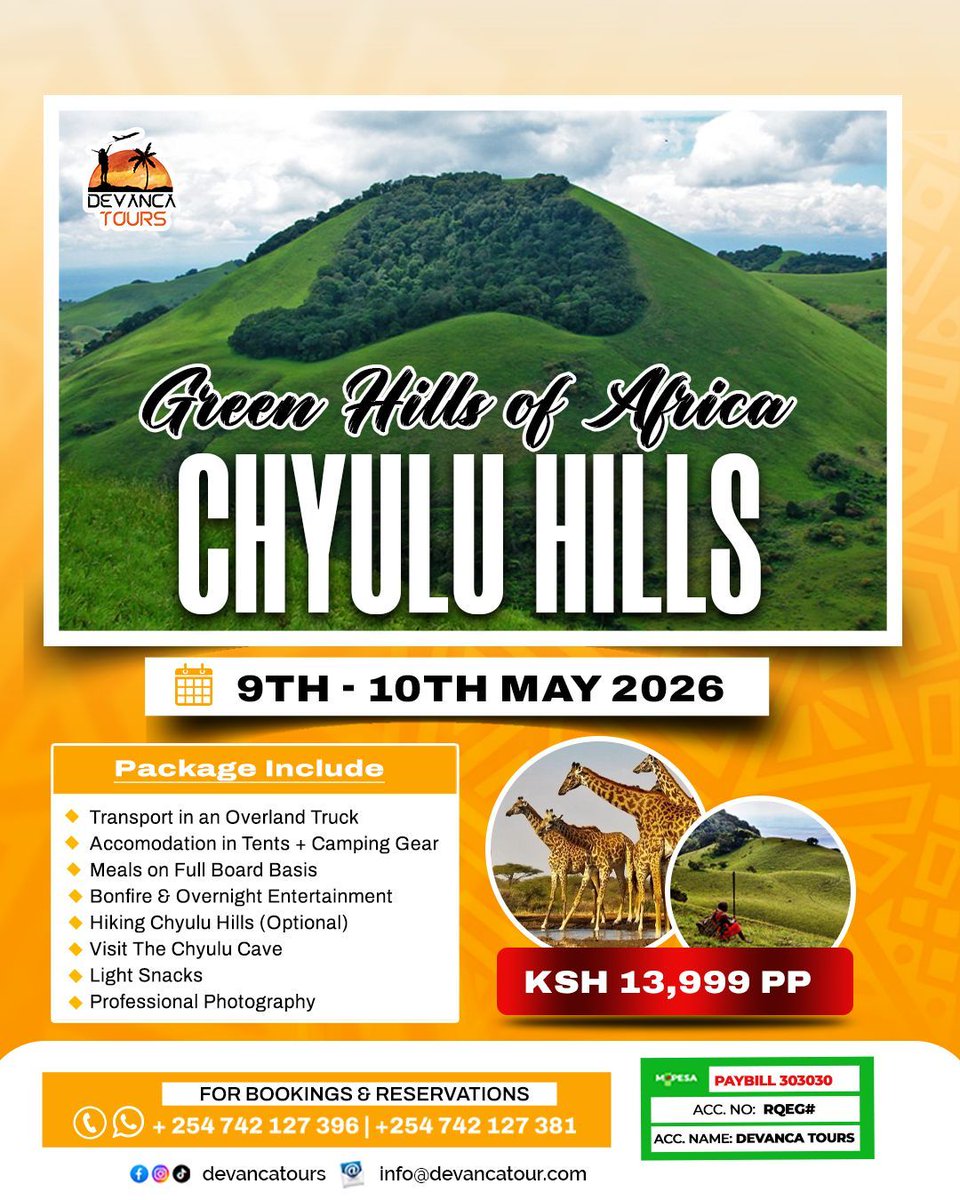 The Green Hills of Africa 

Dates: 9th-10th May
Cost 🏷️: 13,999 KES

Paybill: 303030
Account No: RQEG#
Account Name: Devanca Tours

Contact us:
📞 +254 742 127 396 | +254 742127381
📧 info@devancatour.com
🌐 devancatour.com

#ChyuluHills #MagicalKenya #TembeaKenya