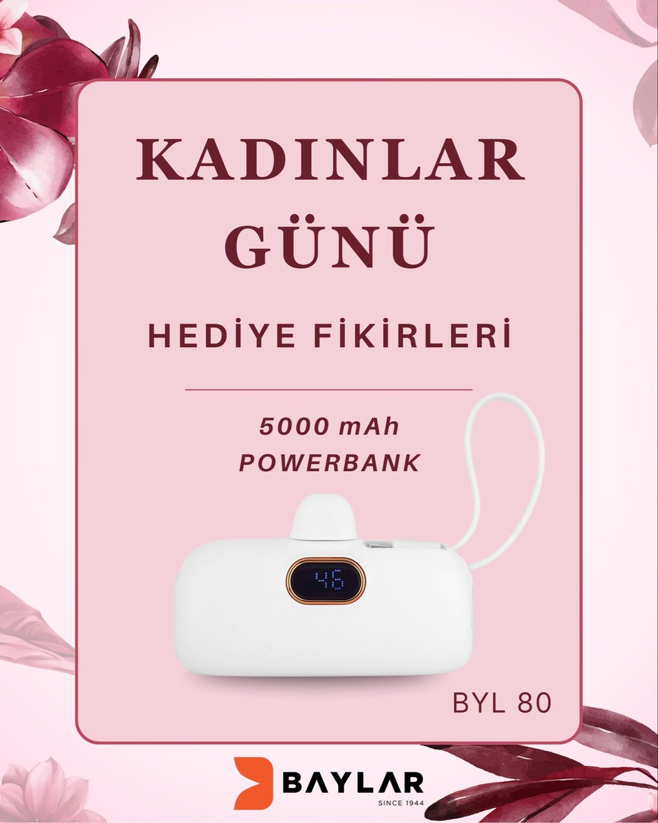 baylargrup's tweet photo. Kadınlar Günü için çantaların olmazsa olmazı, şık bir powerbank 💐
 Yüksek kapasitesi ve entegre kablolarıyla her an yanınızda!

➡️Ürün detayları için: https://t.co/HXfD4xMfYx
📞Fiyat bilgisi için websitemizdeki iletişim kanallarından satış ekibimizle iletişime geçebilirsiniz. https://t.co/VwkwIH4aNp