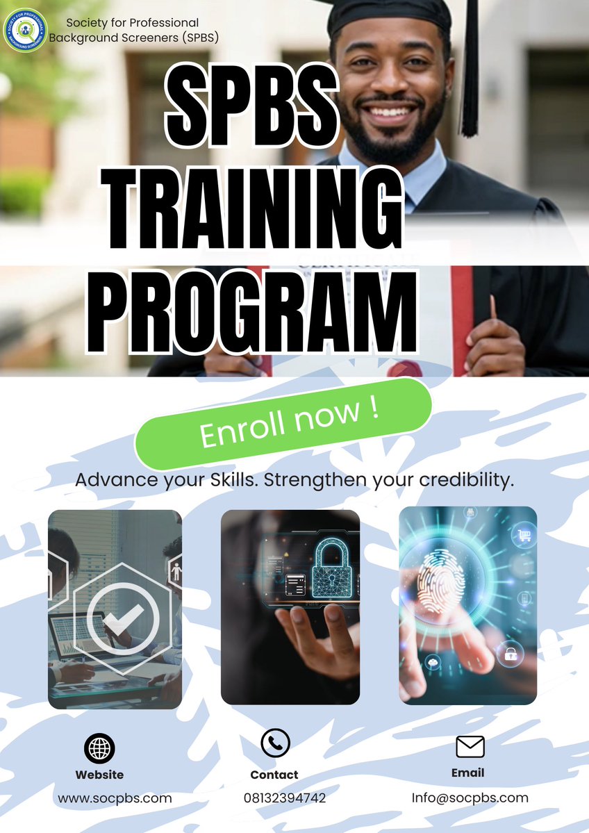 Do not miss out on this opportunity to advance your expertise.

Secure your spot in our upcoming session by sending us a Dm today!

Apply now.

Visit our website-www.socpbs.com or send us a message - info@socpbs.com 

#spbs #societyforprofessionalbackgroundscreeners