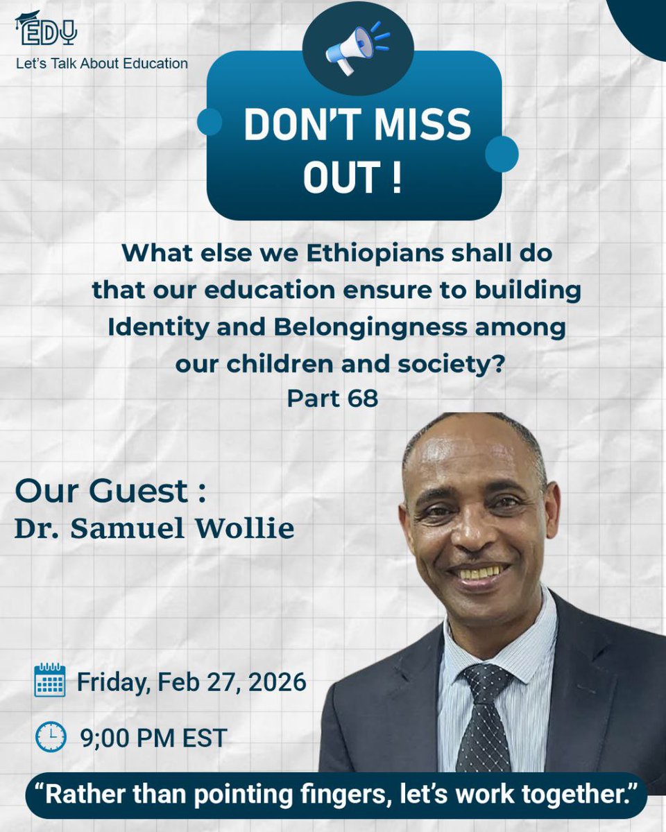 🎙 Our Guest: Dr. Samuel Wollie

Join us on Telegram  
📅 Date: February 27, 2026
🕘 Time: 9:00 PM EST 

👉 "Rather than pointing fingers, let’s work together!" 

🌐 Our Social Medias: linktr.ee/LTEcommunity 

#letstalkabouteducation #part68 #SamuelWollie