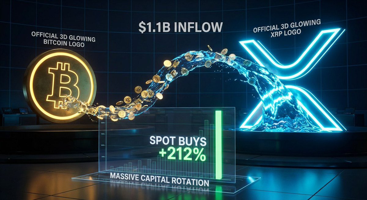 XRP SPOT BUYS EXPLODE 212%

Money is rotating. While $BTC bled $3.8B in ETF outflows over 5 weeks, $XRP products soaked up $1.1B net inflows.

The data is screaming:

- Spot buy volume surged 212%.
- Demand is currently double the sell pressure.
- That nasty $1.9B market flush in