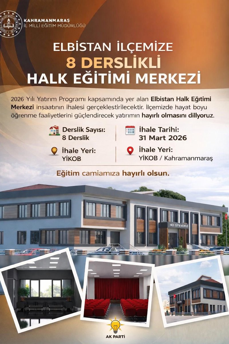📍 Elbistan’ımıza Yeni Bir Eğitim Yatırımı Daha!

2026 Yılı Yatırım Programı kapsamında ilçemize kazandırılacak olan 8 Derslikli Halk Eğitimi Merkezi için ihale süreci başlıyor.

Hayat boyu öğrenme anlayışıyla; gençlerimizin, kadınlarımızın ve tüm vatandaşlarımızın kişisel ve