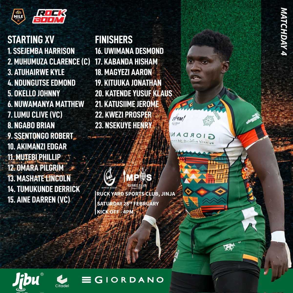Here is your Impis Rugby Club 23 man squad travelling to take on <a href="/HipposRugbyClub/">Hippos Rugby Club</a> tomorrow 🔥

Kick Off Time : 4:00pm

📍: <a href="/RuckYardSports/">Ruck Yard Sports Club</a> (Dam Waters)

#ARROGANCE 
#ugandarugbypremiership