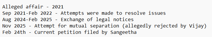 I know Vijay fans may feel It is too early to speak on this. But, DO NOT CASTIGATE Sangeetha. She tried hard to keep this under the wraps. Read the court submissions, you will understand.

This process has been going on for long. Nothing suspect about the timing.

👇Timeline