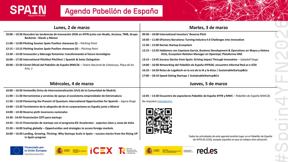 ICEX_'s tweet image. 🚀🇪🇸  En breve arranca @4YFN_MWC  2026: descubre la agenda del Pabellón España de  Red.es e @ICEX_ 

En apenas una hora comienza 4 Years From Now (4YFN) 2026, el gran punto de encuentro del ecosistema #emprendedor dentro del Mobile World Congress-MWC Barcelona,