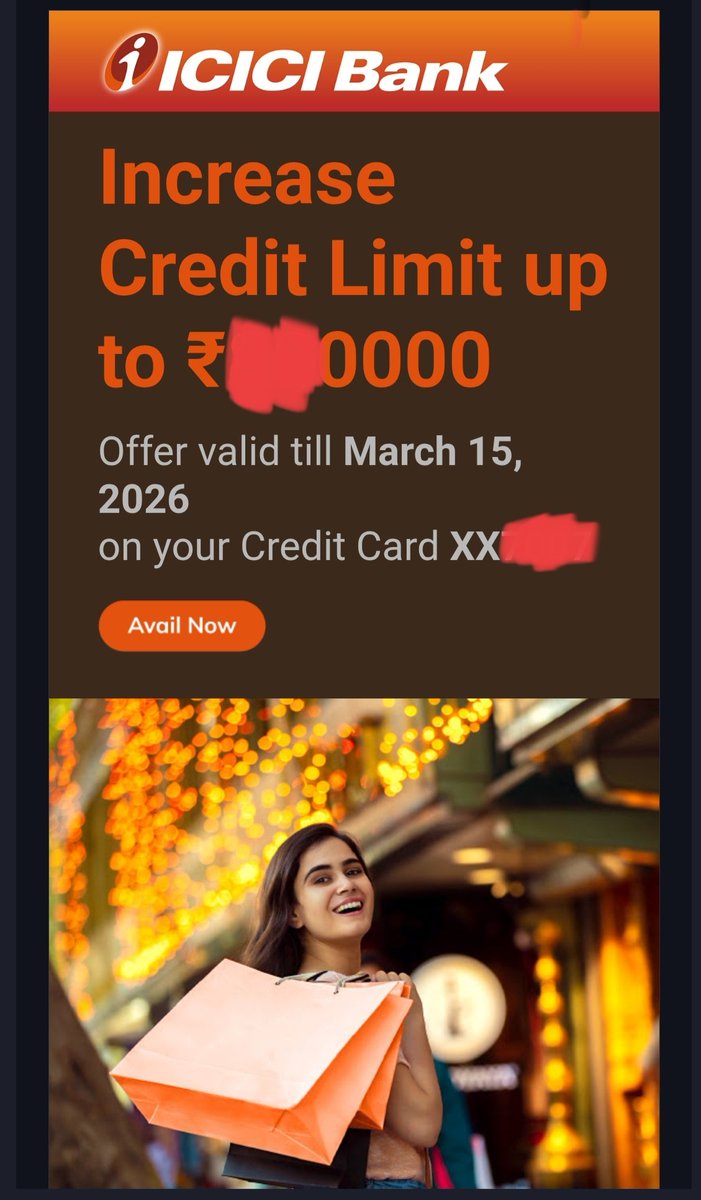 🚨ICICI is throwing generous limit enhancements : Check inbox 

I already have high limit on my emeralde private metal , so it's hard pass for me 

Check urs via SMS Send "CRLIM <Last 4 digits of your card>" to 5676766 for Credit Limit Increase
 
Apply for icici cards⤵️