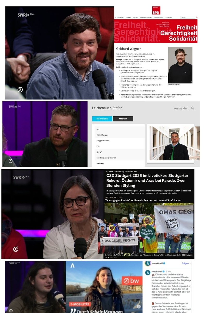 In der SWR #Wahlarena zur Landtagswahl in Baden-Württemberg befragte ein SPD Mitglied den SPD Kandidaten, ein CDU Mitglied den CDU Kandidaten, interviewt wurde eine Oma gegen Rechts und ein Fridays For Future Aktivist, der zuvor vom SWR schon zum Thema E-Autos interviewt wurde.