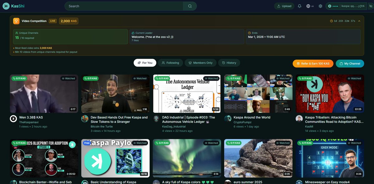 Only less than 2 days left on the 2000 KAS competition!

The minimum 10 unique channel uploads have been reached, however the top liked video is still only 7 likes?

This is a grand opportunity to go in and upload a quality video, and get some likes.

I also encourage everyone